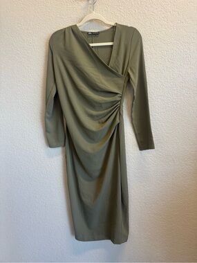 Zara Olive Green Ruched Wrap-Style Midi Dress